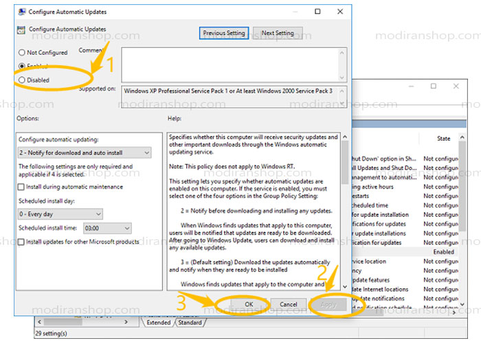 آموزش تصویری غیر فعال سازی آپدیت خودکار در ویندوز 10 از طریق group policy مرحله 2